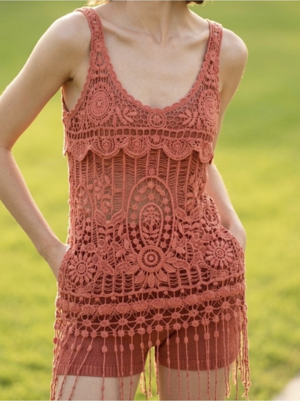 Bohemian Crochet Lace Tank Top - Vibrant Orange
